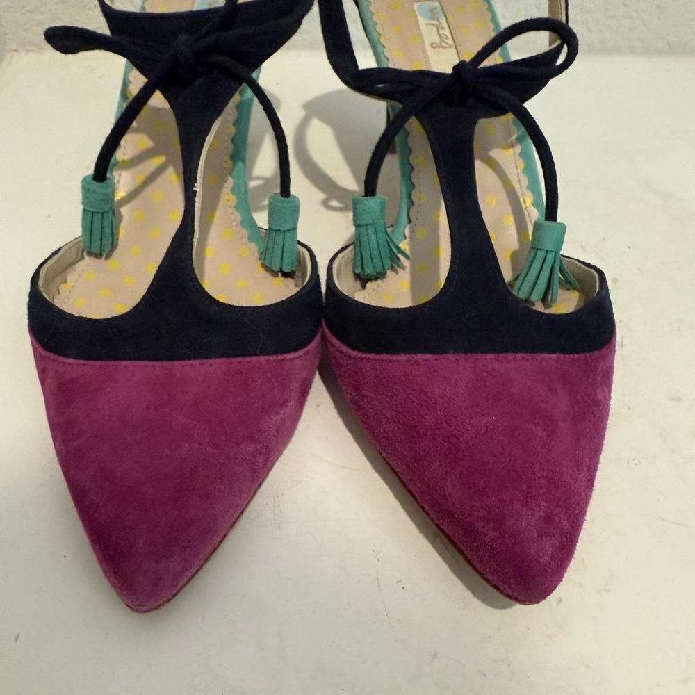Boden Alice Suede Amethyst Navy Turquoise Tassel T-Strap Pointed Toe Heels EU 37 - Picture 4 of 8